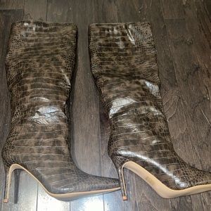 Brown, pointy toe, snake skin, mid calf boot